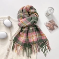 Winter plaid scarf with tassels in dark green and pink check, warm autumn accessory - Pink & Green