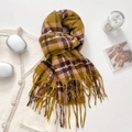 Maillard plaid scarf in yellow and pink check with thick knit and long fringe trim - Mustard Yellow