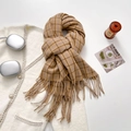 Écharpe à carreaux beige et marron avec franges présentée avec des accessoires d'hiver - Khaki