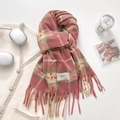 Pink and brown plaid knit scarf with long tassels and aesthetic lifestyle accessories - Dried Rose Pink