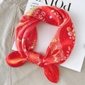 Red silk scarf featuring tropical floral prints and paisley patterns in a circular fold - 53*53cm / Heart Clover Rose Red