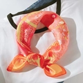 Floral silk square scarf with pink orange and yellow patterns knotted on white shirt - 53*53cm / Heart Clover Orange