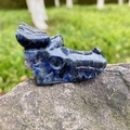 Crâne de dragon sculpté en pierre de sodalite bleue sur un socle de roche naturelle pure - Sodalite Bleue