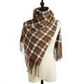 Classic plaid scarf shawl in brown and beige with stylish fringe trim details - 180cm x 70cm / Camel