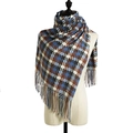 Classic houndstooth knit scarf with blue and brown patterns and long fringe edges - 180cm x 70cm / Blue Camel