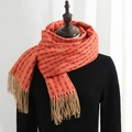Orange and beige cashmere-feel scarf with rhombic dot pattern and long fringes - 70*180cm / Tassel / Red