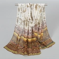 Bohemian chiffon long shawl scarf with ethnic geometric and floral patterns in beige gold - White Yellow Ethnic