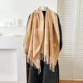 Fashionable camel double-sided jacquard scarf with bear and heart patterns and fringes - Khaki