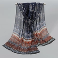 Ethnic bohemian navy blue chiffon neck scarf with intricate orange geometric patterns - Navy Ethnic Style