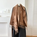 Caramel brown cashmere feel scarf with cute bear heart jacquard and tassels - Brown