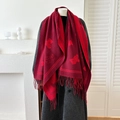 Deep red cashmere-like shawl with cute bear and heart patterns and fringe tassels - Red