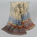 Ethnic bohemian style light chiffon scarf in beige with blue geometric patterns - Khaki Ethnic