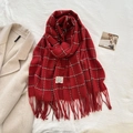 Soft red plaid tassel scarf made of thick faux cashmere with elegant checked pattern - 180cmx65cm / Red