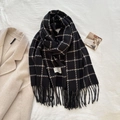 Black and white plaid tasseled scarf with subtle red stripes for winter warmth - 180cmx65cm / Black