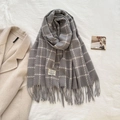 Grey and beige plaid scarf with fringe tassels and brand label on cozy striped fabric - 180cmx65cm / Gray