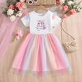 Kurzärmeliges Mädchenkleid mit Einhorn-Print und mehrfarbigem Tüllrock im Regenbogen-Stil - 90cm / Weiß