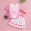 Set estivo da bambina due pezzi con T-shirt rosa e bianca e gonna motivo ragnatela - 4Y / Rosa scuro