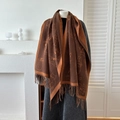 Brown and orange scarf with cat jacquard pattern and soft fringe edges for winter - Dark Coffee