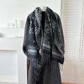 Vintage jacquard shawl scarf with dark grey and black forest patterns and fringes - Black / 180x65cm