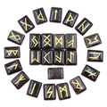Set di 25 rune in pietra nera lucida con simboli Futhark dorati incisi per divinazione - Ossidiana