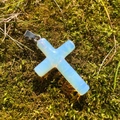 Opal stone cross pendant necklace with silver clasp on natural green moss - Synthetic Opal