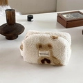 Neceser grande de felpa con estampado de oso y asa lateral para almacenamiento viaje - Blanco