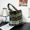 Bolso tote de lana a cuadros verde y marrón con textura cepillada para el diario - Cuadros Verdes