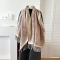 Long faux cashmere scarf in khaki featuring a white cat jacquard and fringe details - Light Coffee