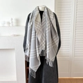 Classic light grey and beige plaid cashmere scarf shawl with soft tassels for winter - Gray