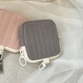 Quilted mini earphone pouch in pink and grey with round zipper pull and hanging hook - Gray