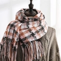 Bufanda de cuadros vintage rosa palo y naranja marrón con flecos largos de invierno - Rosa Claro