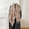 Classic beige and white checkered cashmere-style scarf with long fringes for women - Light Coffee