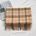 Classic beige plaid cashmere-like scarf with orange accents and tassel fringe details - Beige Color Plaid