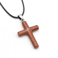 Brown goldstone cross pendant necklace with sparkling glitter and black cord strap - Goldstone (Synthetic)