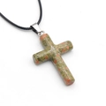 Unakite natural stone cross necklace pendant with adjustable black cord necklace - Unakite