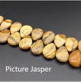 Detail of teardrop picture jasper beads showing natural earthy landscape patterns - 13x18mm Picture Jasper