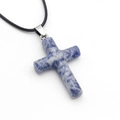 Blue spot stone cross pendant necklace with natural mineral texture on black cord - Blue Spot Jasper