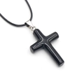 Polished black gemstone cross pendant necklace with a silver metal clasp and cord - Obsidian