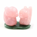 Natural rose quartz mandarin duck figurines on green lotus leaf base for home decor - Large
