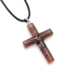 Rose quartz cross pendant necklace with reddish-brown natural stone on black cord - Strawberry Quartz