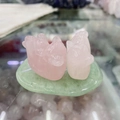 Natural rose quartz hand-carved fox figurines on a green aventurine stone base - Small