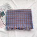Winter scarf with blue and orange geometric check pattern and soft fringe edges - Denim Blue
