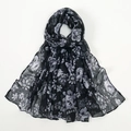 Detail of floral print on lightweight black chiffon long scarf with white blossoms - Black (Style 1)