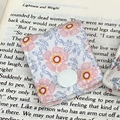 Floral light blue fabric cable organizer with pink flowers and white snap button - Quilted Orange Flower