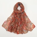 Dettaglio di una sciarpa in chiffon che mostra tessuto marrone con motivi floreali - Caffè Stampa Floreale (VE027-5#)