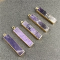 Five rectangular purple amethyst gemstone pendants with gold plated borders and top loops - Amethyst