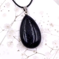 Polished blue sandstone teardrop pendant necklace with silver clasp and black cord - Blue Goldstone (Synthetic)