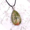 Green and pink unakite natural stone teardrop pendant necklace with black cord strap - Unakite