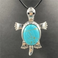 Silver turtle pendant with blue turquoise gemstone inlay and black woven cord necklace - Blue Turquoise 1Pc (Synthetic)