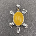 Turtle pendant brooch with polished silver metal and large yellow oval crystal stone - Yellow Agate 1Pc
